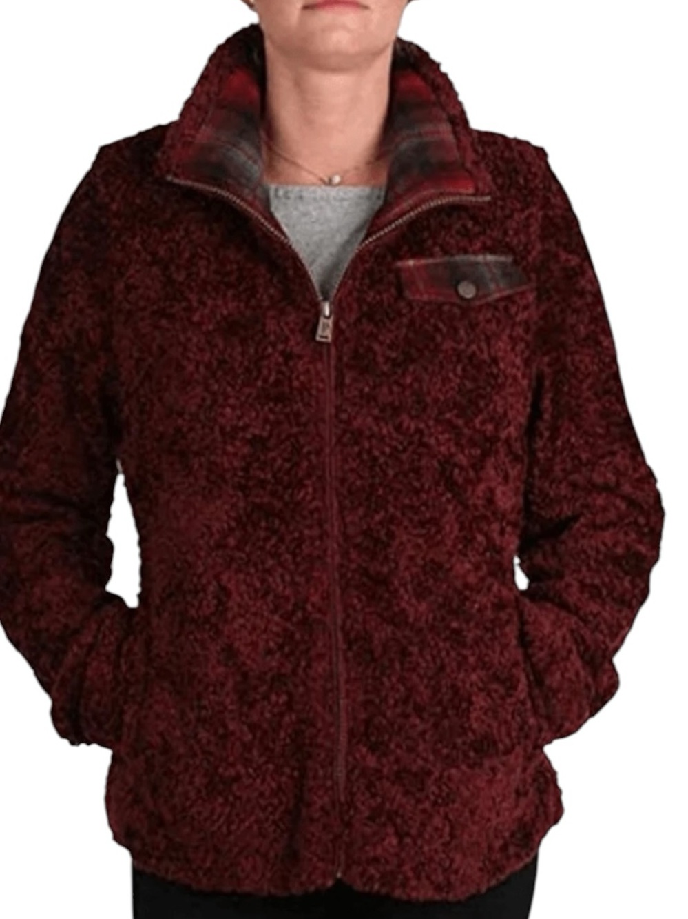 Pendleton Fuzzy Full Zip Jacket Women's Size XL Burgundy Teddy Plaid Pocket
